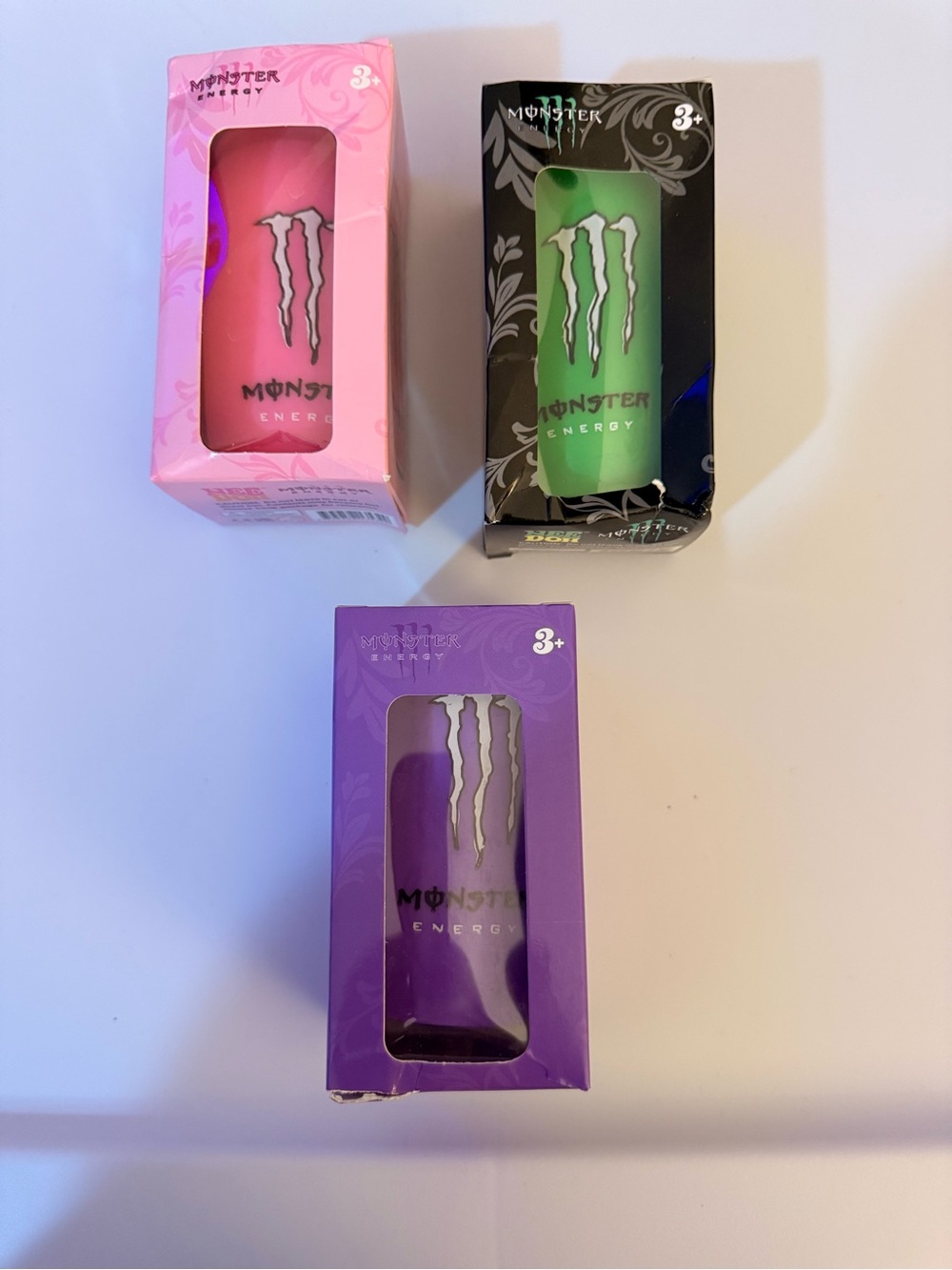 Monster energy drink squishy’s - Pink, Green, Purple. Set of 3